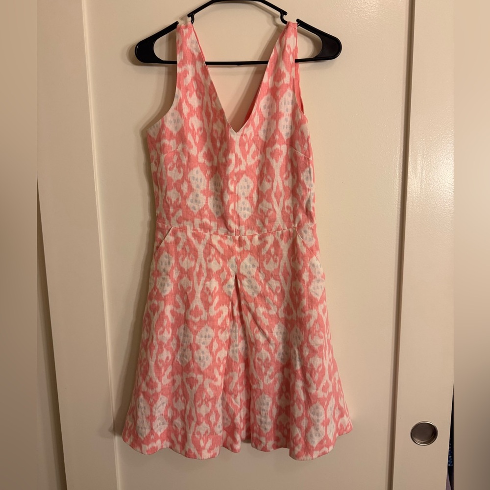 Gap 100% linen fit and flare dress in a pink and white ikat print